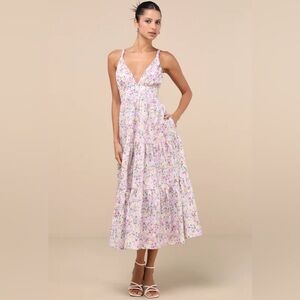 Lulu's White Floral Maxi Dress with Purple & Yellow Accents Size L (NWT)